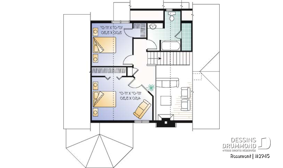 Étage - Plan de maison ou chalet, 3 chambres dont une au rez-de-chaussée, 2 s. bain, mezzanine, foyer, espace ouvert - Rosemont