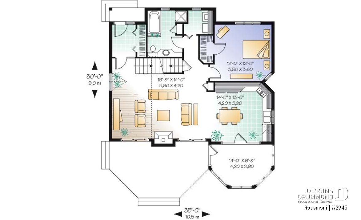 Rez-de-chaussée - Plan de maison ou chalet, 3 chambres dont une au rez-de-chaussée, 2 s. bain, mezzanine, foyer, espace ouvert - Rosemont