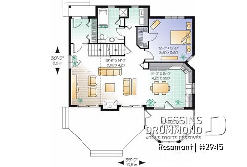 Rez-de-chaussée - Plan de maison ou chalet, 3 chambres dont une au rez-de-chaussée, 2 s. bain, mezzanine, foyer, espace ouvert - Rosemont