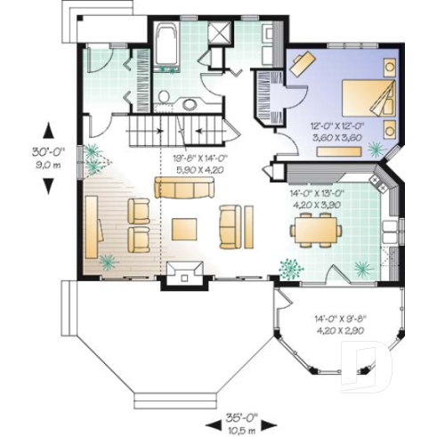 Rez-de-chaussée - Plan de maison ou chalet, 3 chambres dont une au rez-de-chaussée, 2 s. bain, mezzanine, foyer, espace ouvert - Rosemont