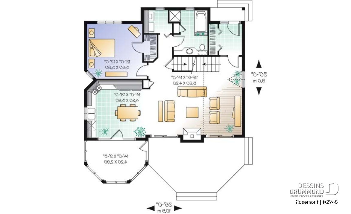 Rez-de-chaussée - Plan de maison ou chalet, 3 chambres dont une au rez-de-chaussée, 2 s. bain, mezzanine, foyer, espace ouvert - Rosemont