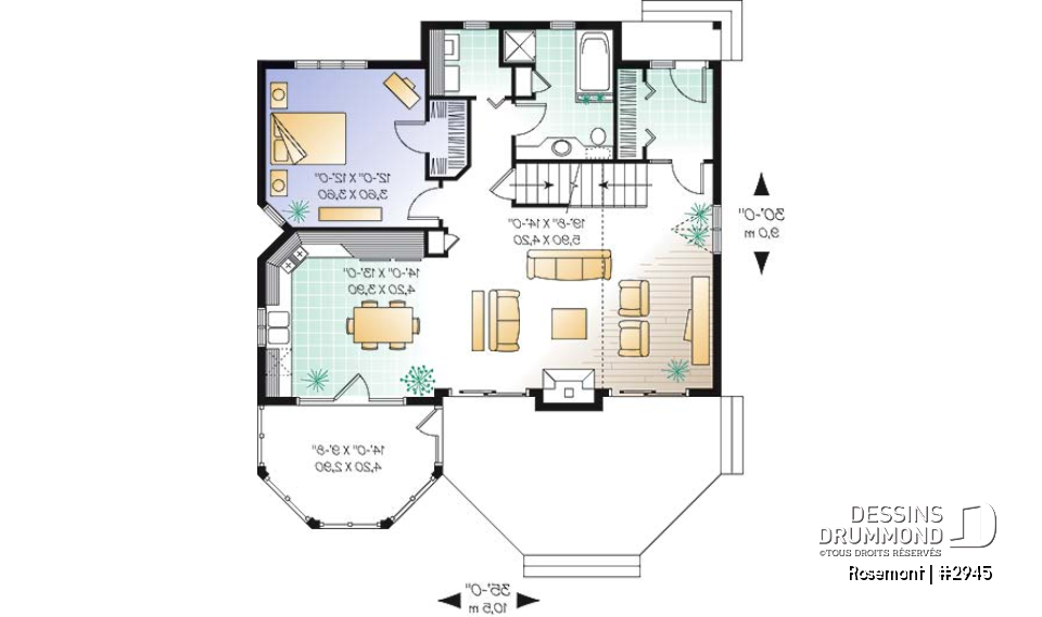 Rez-de-chaussée - Plan de maison ou chalet, 3 chambres dont une au rez-de-chaussée, 2 s. bain, mezzanine, foyer, espace ouvert - Rosemont