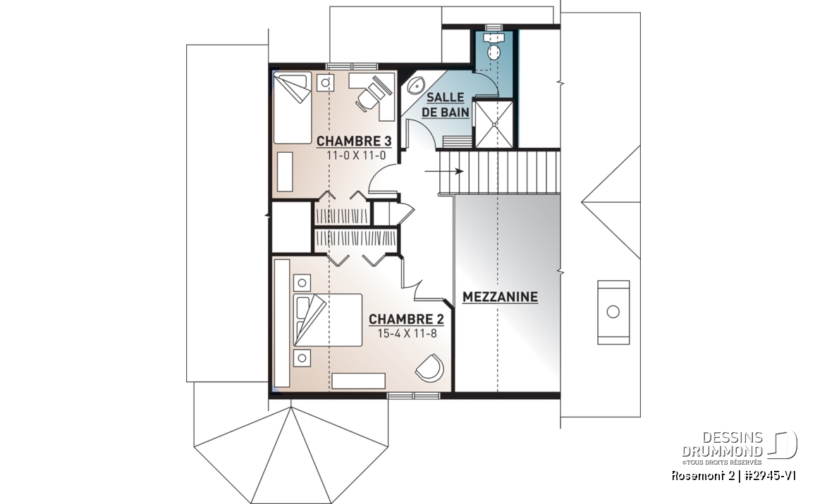 Étage - Plan de chalet 3 chambres, 2 salles de bain, mezzanine, foyer, aire ouverte, sous-sol rez-de-jardin non-fini - Rosemont 2