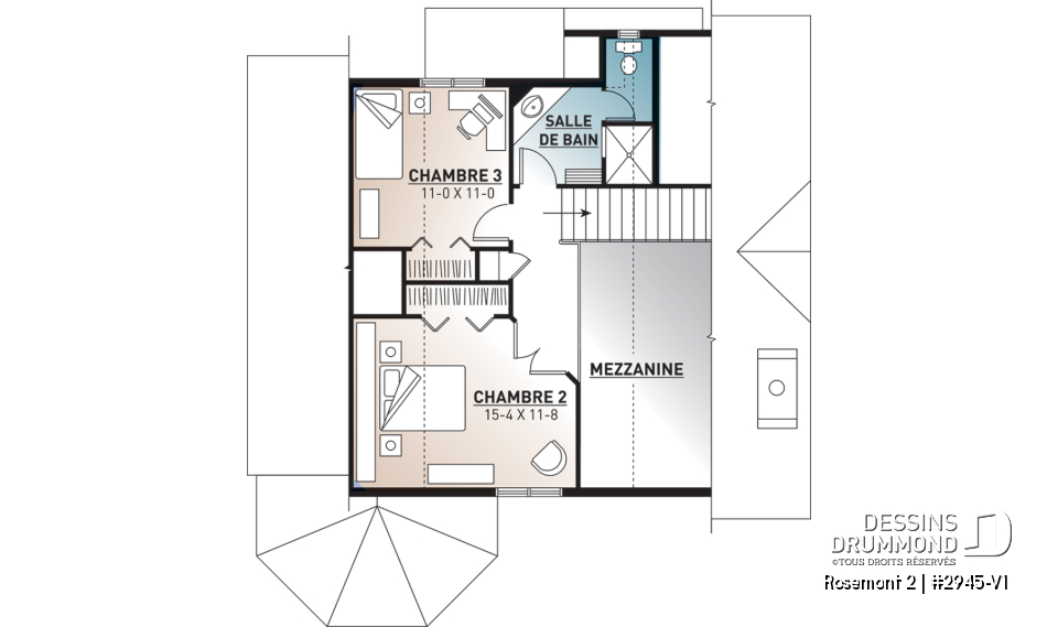Étage - Plan de chalet 3 chambres, 2 salles de bain, mezzanine, foyer, aire ouverte, sous-sol rez-de-jardin non-fini - Rosemont 2
