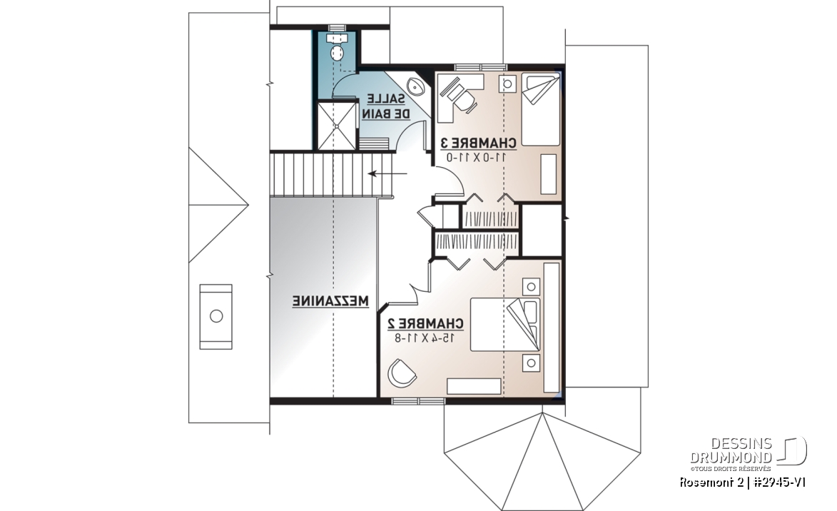 Étage - Plan de chalet 3 chambres, 2 salles de bain, mezzanine, foyer, aire ouverte, sous-sol rez-de-jardin non-fini - Rosemont 2