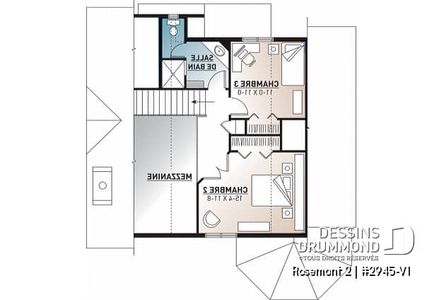Étage - Plan de chalet 3 chambres, 2 salles de bain, mezzanine, foyer, aire ouverte, sous-sol rez-de-jardin non-fini - Rosemont 2