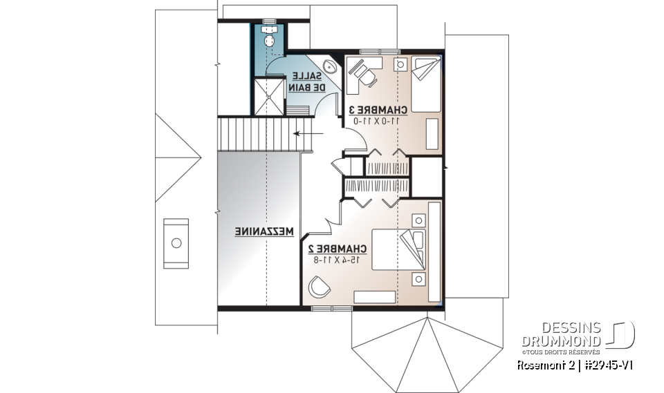 Étage - Plan de chalet 3 chambres, 2 salles de bain, mezzanine, foyer, aire ouverte, sous-sol rez-de-jardin non-fini - Rosemont 2