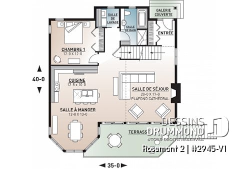 Rez-de-chaussée - Plan de chalet 3 chambres, 2 salles de bain, mezzanine, foyer, aire ouverte, sous-sol rez-de-jardin non-fini - Rosemont 2