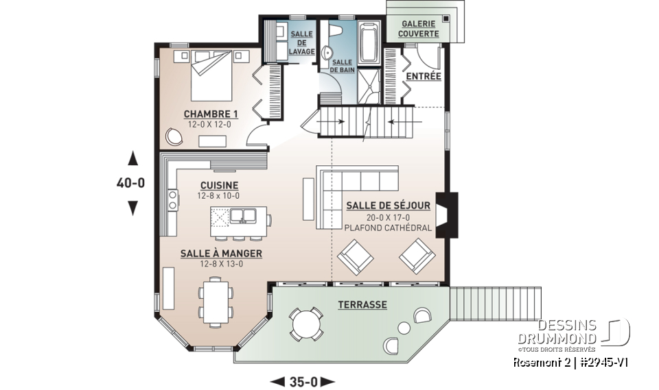 Rez-de-chaussée - Plan de chalet 3 chambres, 2 salles de bain, mezzanine, foyer, aire ouverte, sous-sol rez-de-jardin non-fini - Rosemont 2