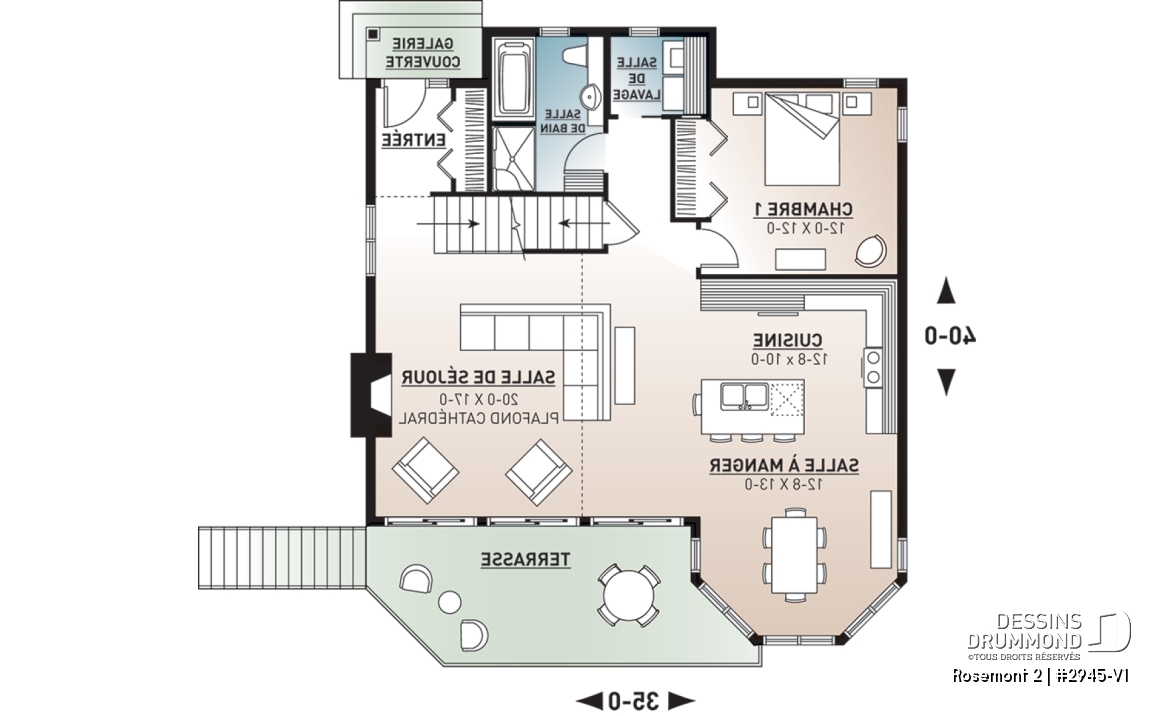 Rez-de-chaussée - Plan de chalet 3 chambres, 2 salles de bain, mezzanine, foyer, aire ouverte, sous-sol rez-de-jardin non-fini - Rosemont 2
