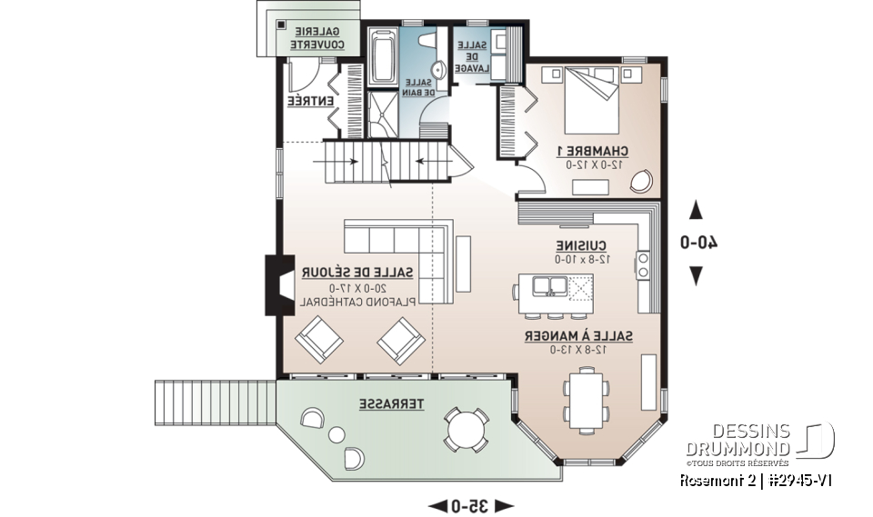 Rez-de-chaussée - Plan de chalet 3 chambres, 2 salles de bain, mezzanine, foyer, aire ouverte, sous-sol rez-de-jardin non-fini - Rosemont 2