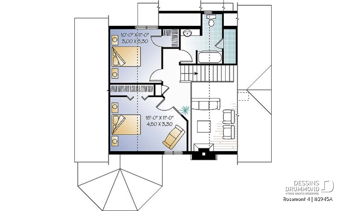 Étage - Plan de maison de campagne, 3 chambres, 2 salles de bain, mezzanine, cathédral, foyer - Rosemont 4