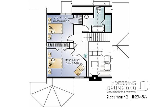 Étage - Plan de maison de campagne, 3 chambres, 2 salles de bain, mezzanine, cathédral, foyer - Rosemont 2