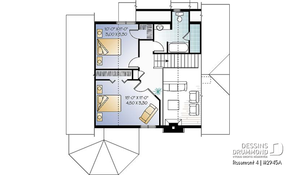 Étage - Plan de maison de campagne, 3 chambres, 2 salles de bain, mezzanine, cathédral, foyer - Rosemont 4
