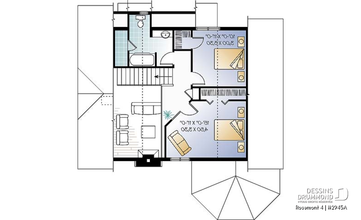 Étage - Plan de maison de campagne, 3 chambres, 2 salles de bain, mezzanine, cathédral, foyer - Rosemont 4