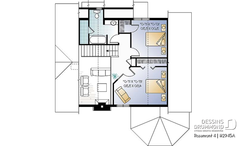 Étage - Plan de maison de campagne, 3 chambres, 2 salles de bain, mezzanine, cathédral, foyer - Rosemont 4
