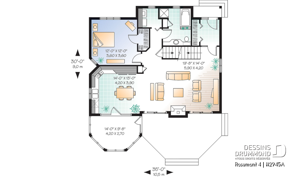 Rez-de-chaussée - Plan de maison de campagne, 3 chambres, 2 salles de bain, mezzanine, cathédral, foyer - Rosemont 4