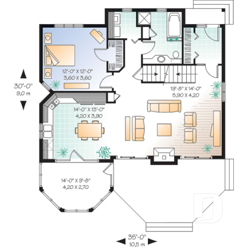 Rez-de-chaussée - Plan de maison de campagne, 3 chambres, 2 salles de bain, mezzanine, cathédral, foyer - Rosemont 4