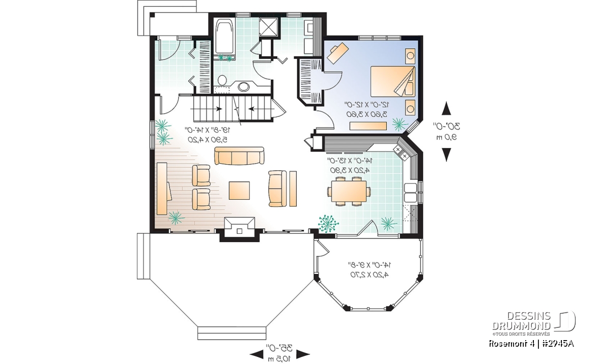 Rez-de-chaussée - Plan de maison de campagne, 3 chambres, 2 salles de bain, mezzanine, cathédral, foyer - Rosemont 4