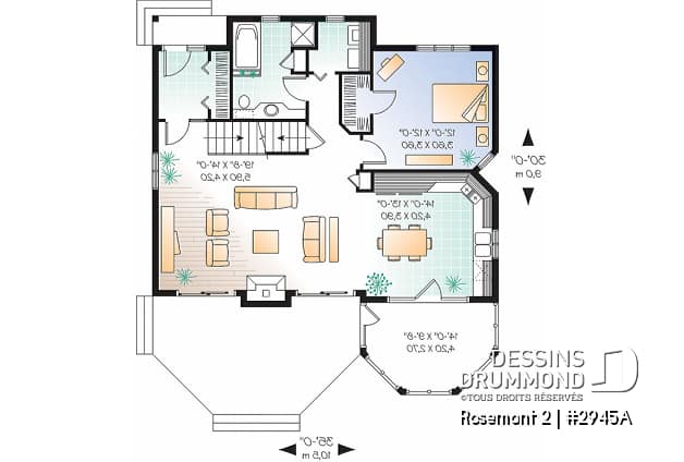 Rez-de-chaussée - Plan de maison de campagne, 3 chambres, 2 salles de bain, mezzanine, cathédral, foyer - Rosemont 4