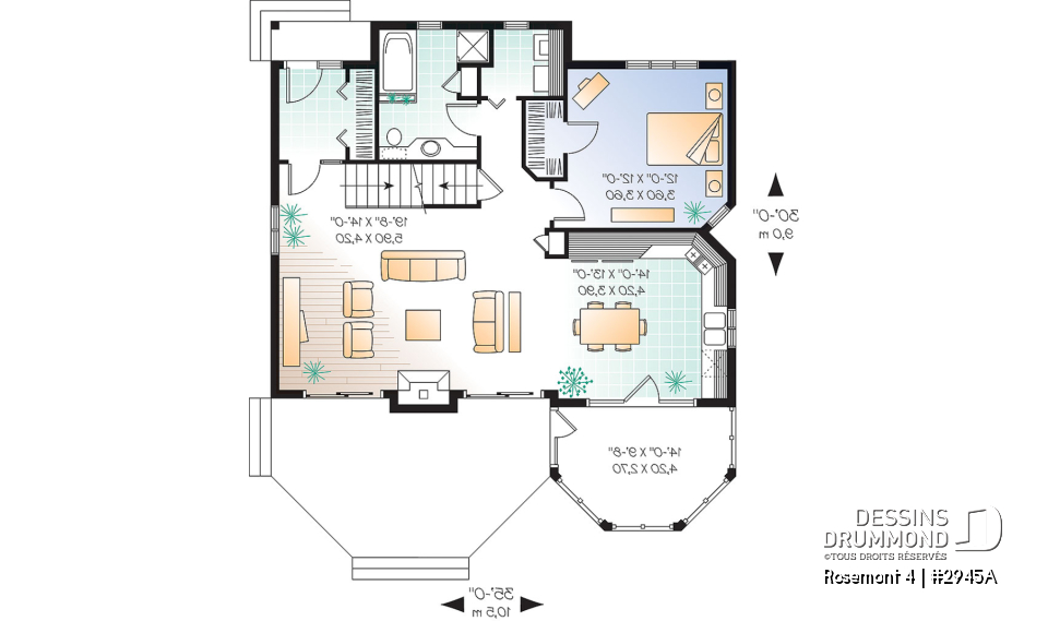 Rez-de-chaussée - Plan de maison de campagne, 3 chambres, 2 salles de bain, mezzanine, cathédral, foyer - Rosemont 4