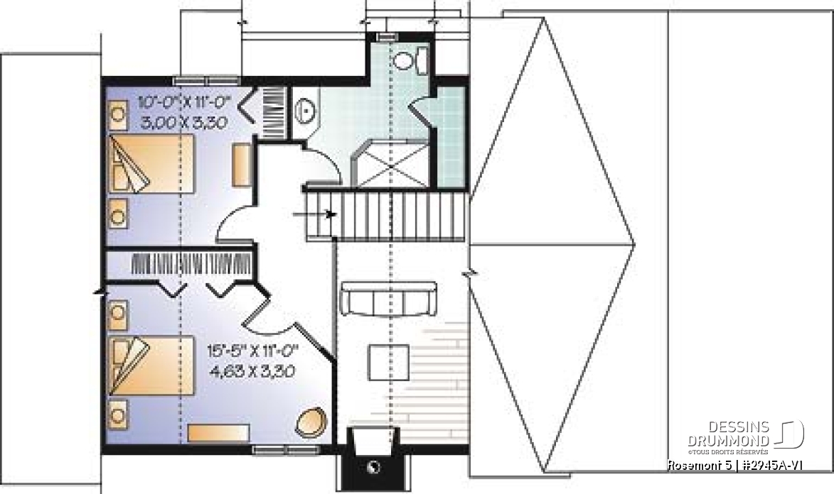 Étage - Plan de maison genre chalet avec garage, foyer, style rustique, 3 chambres, 2 s.bain, mezzanine, cathédral - Rosemont 5
