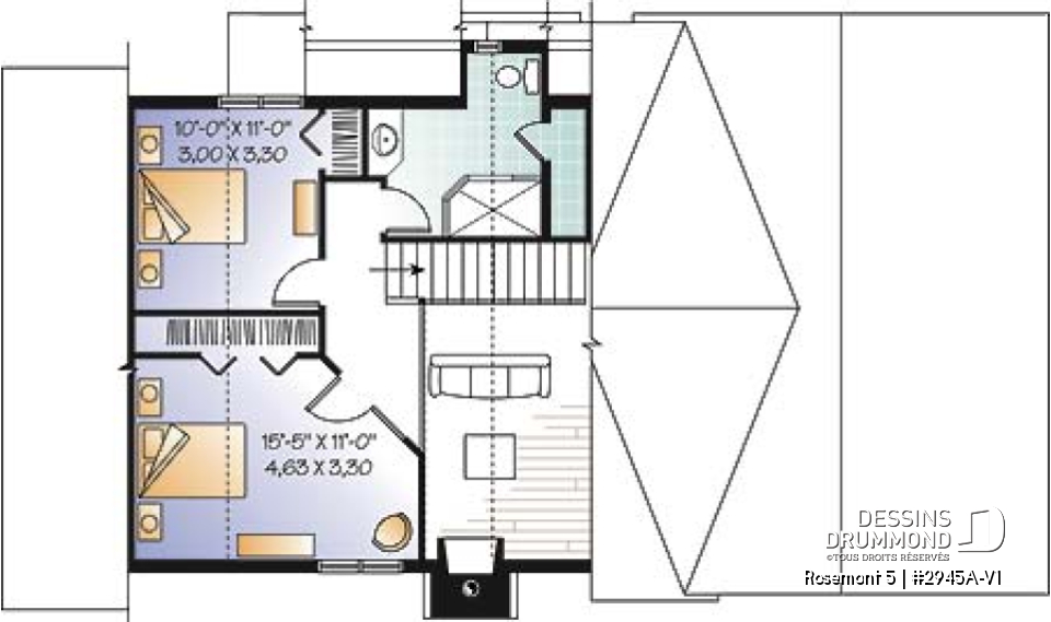 Étage - Plan de maison genre chalet avec garage, foyer, style rustique, 3 chambres, 2 s.bain, mezzanine, cathédral - Rosemont 5