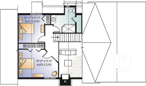 Étage - Plan de maison genre chalet avec garage, foyer, style rustique, 3 chambres, 2 s.bain, mezzanine, cathédral - Rosemont 5