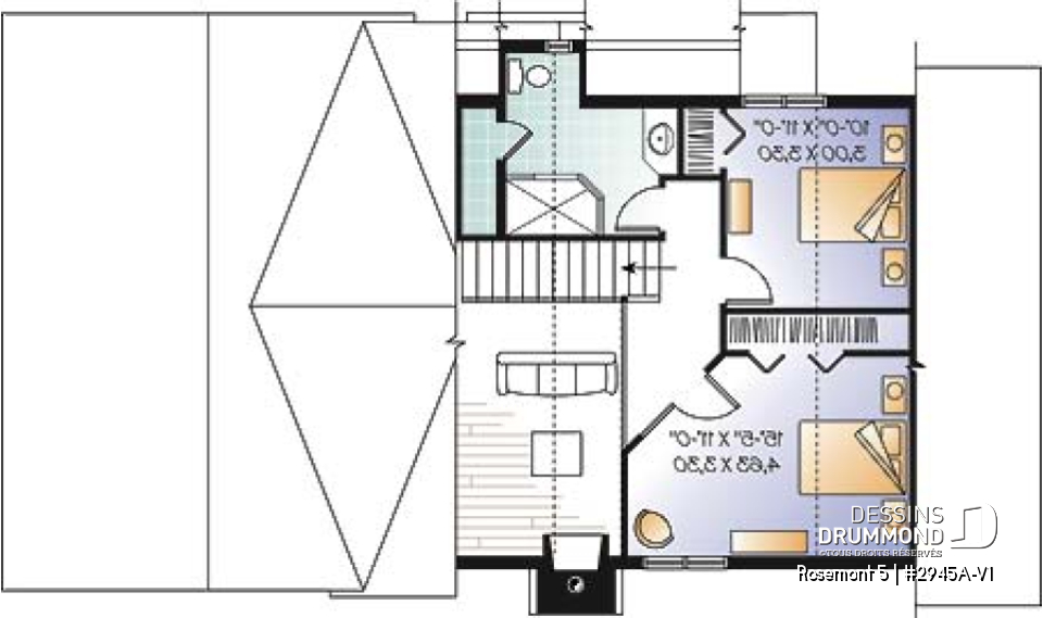 Étage - Plan de maison genre chalet avec garage, foyer, style rustique, 3 chambres, 2 s.bain, mezzanine, cathédral - Rosemont 5