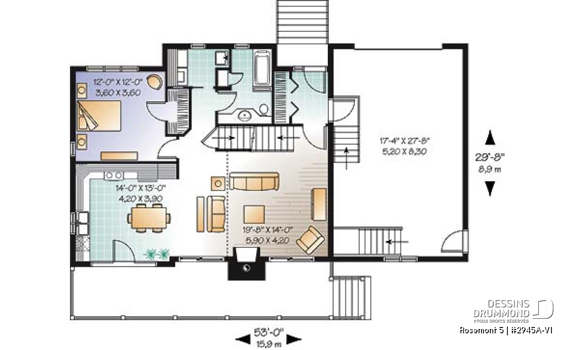 Rez-de-chaussée - Plan de maison genre chalet avec garage, foyer, style rustique, 3 chambres, 2 s.bain, mezzanine, cathédral - Rosemont 5