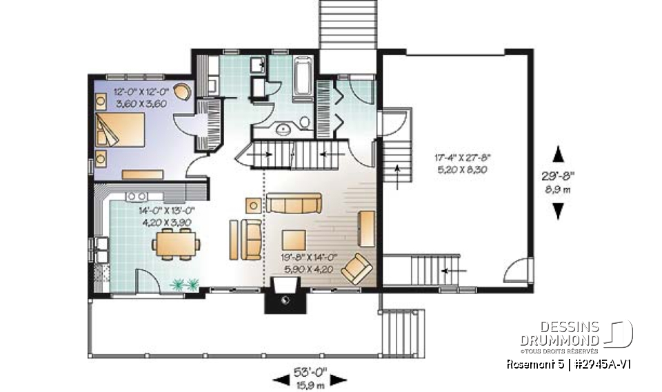 Rez-de-chaussée - Plan de maison genre chalet avec garage, foyer, style rustique, 3 chambres, 2 s.bain, mezzanine, cathédral - Rosemont 5
