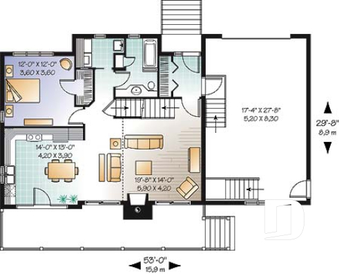 Rez-de-chaussée - Plan de maison genre chalet avec garage, foyer, style rustique, 3 chambres, 2 s.bain, mezzanine, cathédral - Rosemont 5