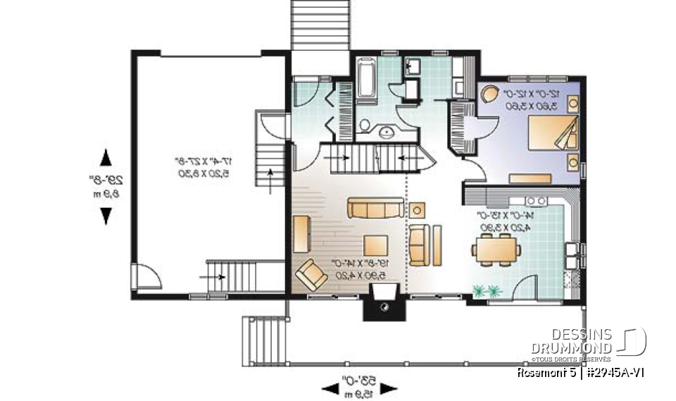 Rez-de-chaussée - Plan de maison genre chalet avec garage, foyer, style rustique, 3 chambres, 2 s.bain, mezzanine, cathédral - Rosemont 5