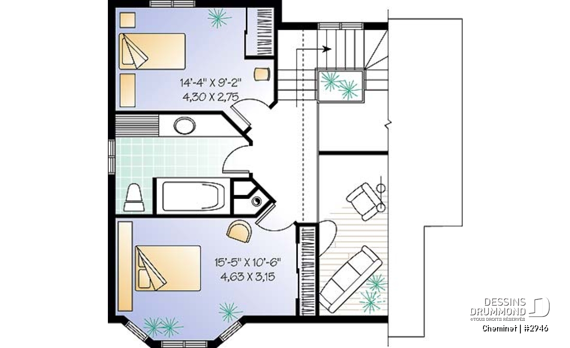 Étage - Plan de chalet d'inspiration scandinave, 2 chambres, salle familiale fermée, portes françaises, mezzanine - Cheminet