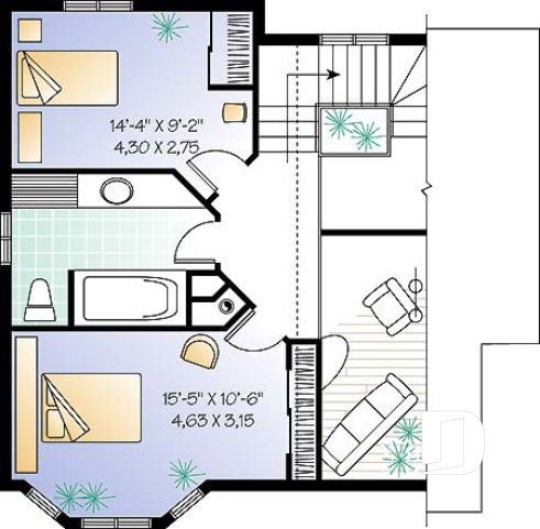 Étage - Plan de chalet d'inspiration scandinave, 2 chambres, salle familiale fermée, portes françaises, mezzanine - Cheminet