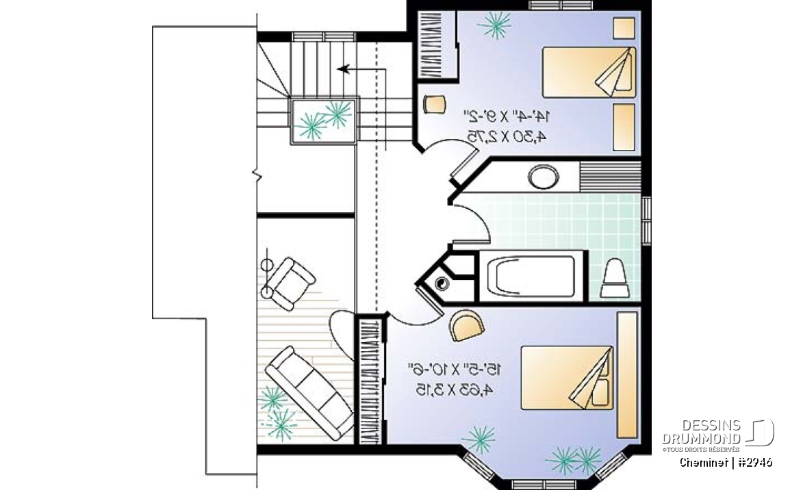Étage - Plan de chalet d'inspiration scandinave, 2 chambres, salle familiale fermée, portes françaises, mezzanine - Cheminet