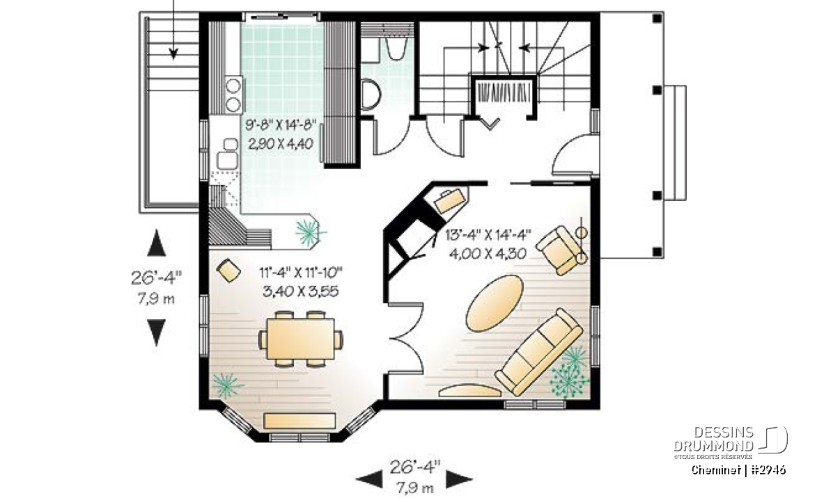 Rez-de-chaussée - Plan de chalet d'inspiration scandinave, 2 chambres, salle familiale fermée, portes françaises, mezzanine - Cheminet