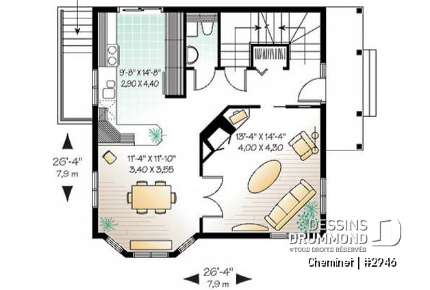 Rez-de-chaussée - Plan de chalet d'inspiration scandinave, 2 chambres, salle familiale fermée, portes françaises, mezzanine - Cheminet
