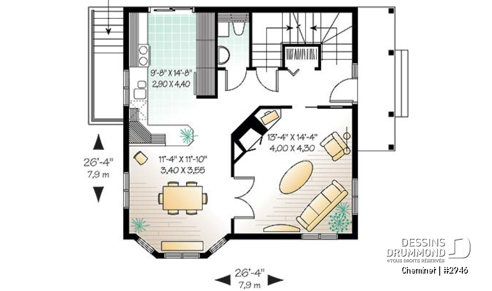 Rez-de-chaussée - Plan de chalet d'inspiration scandinave, 2 chambres, salle familiale fermée, portes françaises, mezzanine - Cheminet