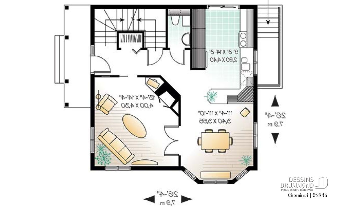 Rez-de-chaussée - Plan de chalet d'inspiration scandinave, 2 chambres, salle familiale fermée, portes françaises, mezzanine - Cheminet