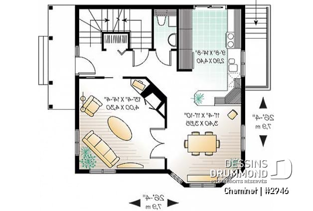 Rez-de-chaussée - Plan de chalet d'inspiration scandinave, 2 chambres, salle familiale fermée, portes françaises, mezzanine - Cheminet