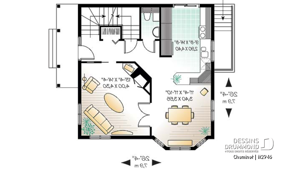 Rez-de-chaussée - Plan de chalet d'inspiration scandinave, 2 chambres, salle familiale fermée, portes françaises, mezzanine - Cheminet