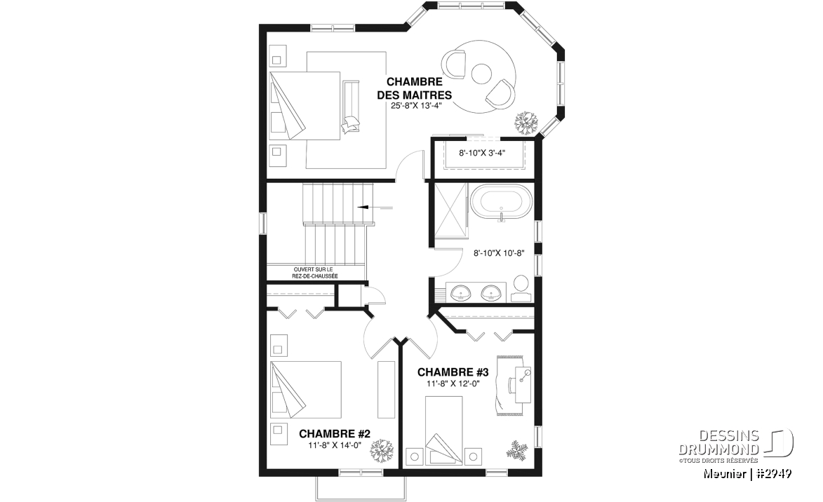 Étage 1 - Plan de cottage de 3 chambres, style Cape Cod, fenestration abondant, grande chambre des parents - Meunier