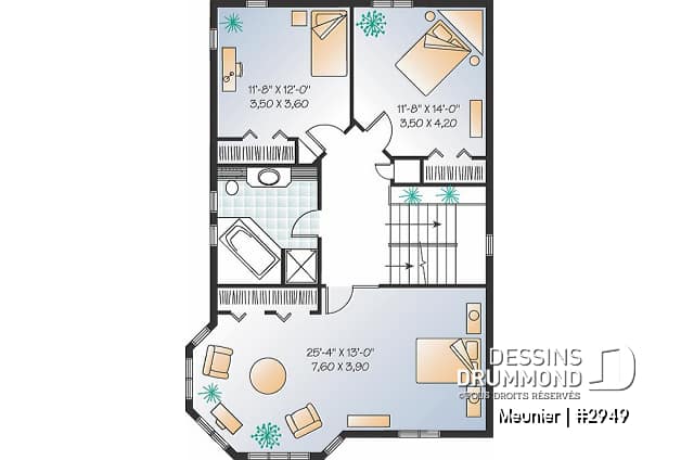 Étage 1 - Plan de cottage de 4 à 5 chambres, style Cape Cod, fenestration abondant, grande chambre des parents - Meunier
