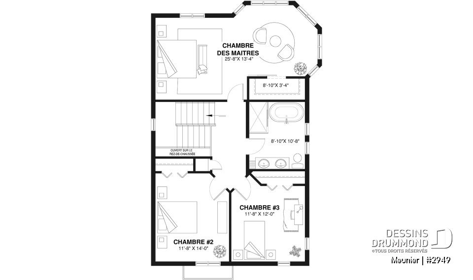 Étage 1 - Plan de cottage de 3 chambres, style Cape Cod, fenestration abondant, grande chambre des parents - Meunier