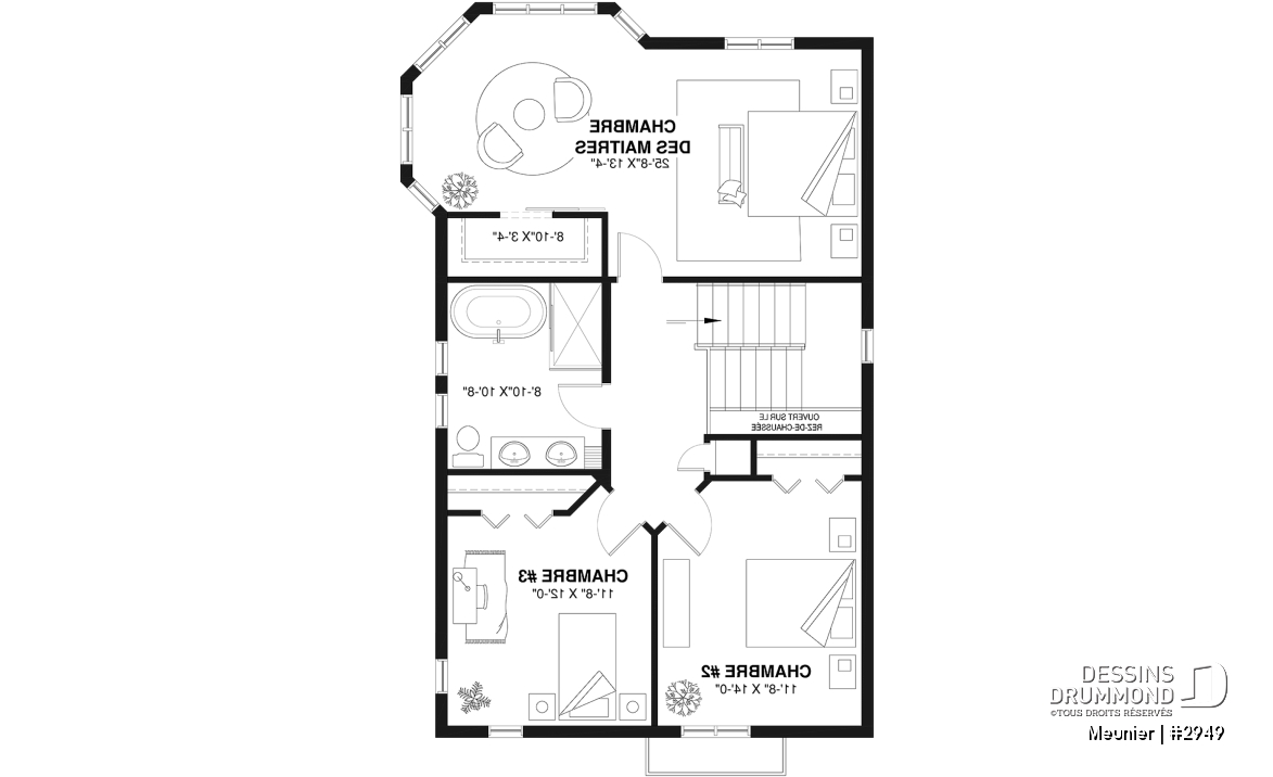Étage 1 - Plan de cottage de 3 chambres, style Cape Cod, fenestration abondant, grande chambre des parents - Meunier