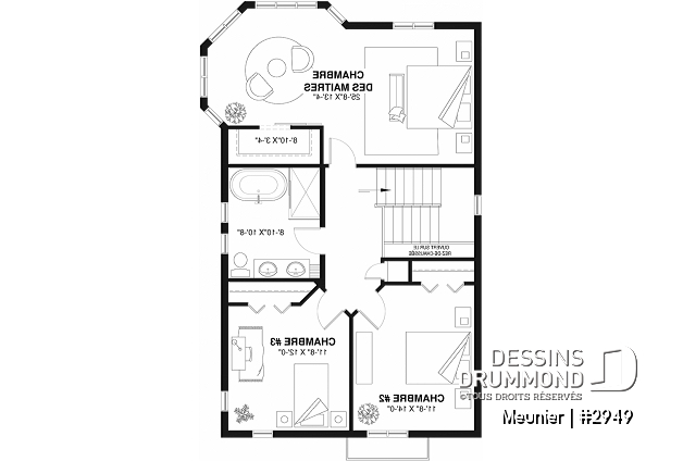 Étage 1 - Plan de cottage de 3 chambres, style Cape Cod, fenestration abondant, grande chambre des parents - Meunier