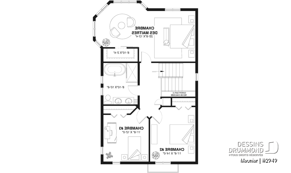 Étage 1 - Plan de cottage de 3 chambres, style Cape Cod, fenestration abondant, grande chambre des parents - Meunier