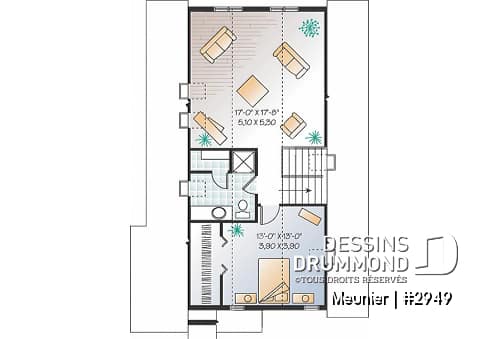 Étage 2 - Plan de cottage de 4 à 5 chambres, style Cape Cod, fenestration abondant, grande chambre des parents - Meunier