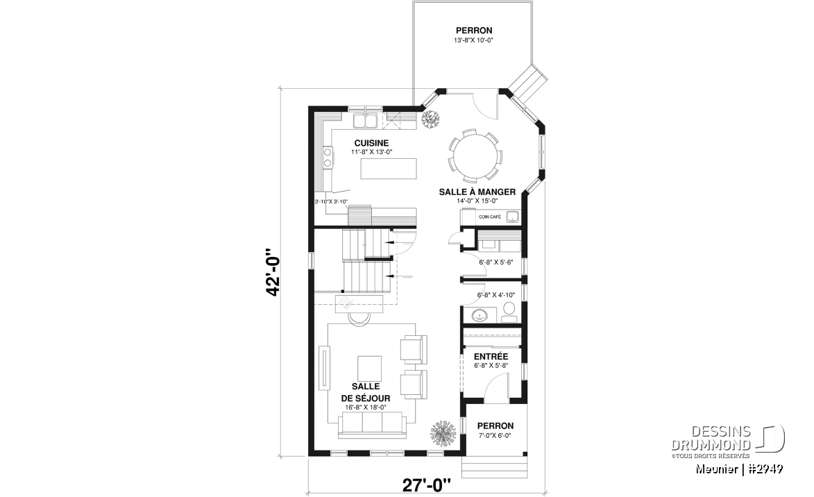 Rez-de-chaussée - Plan de cottage de 3 chambres, style Cape Cod, fenestration abondant, grande chambre des parents - Meunier
